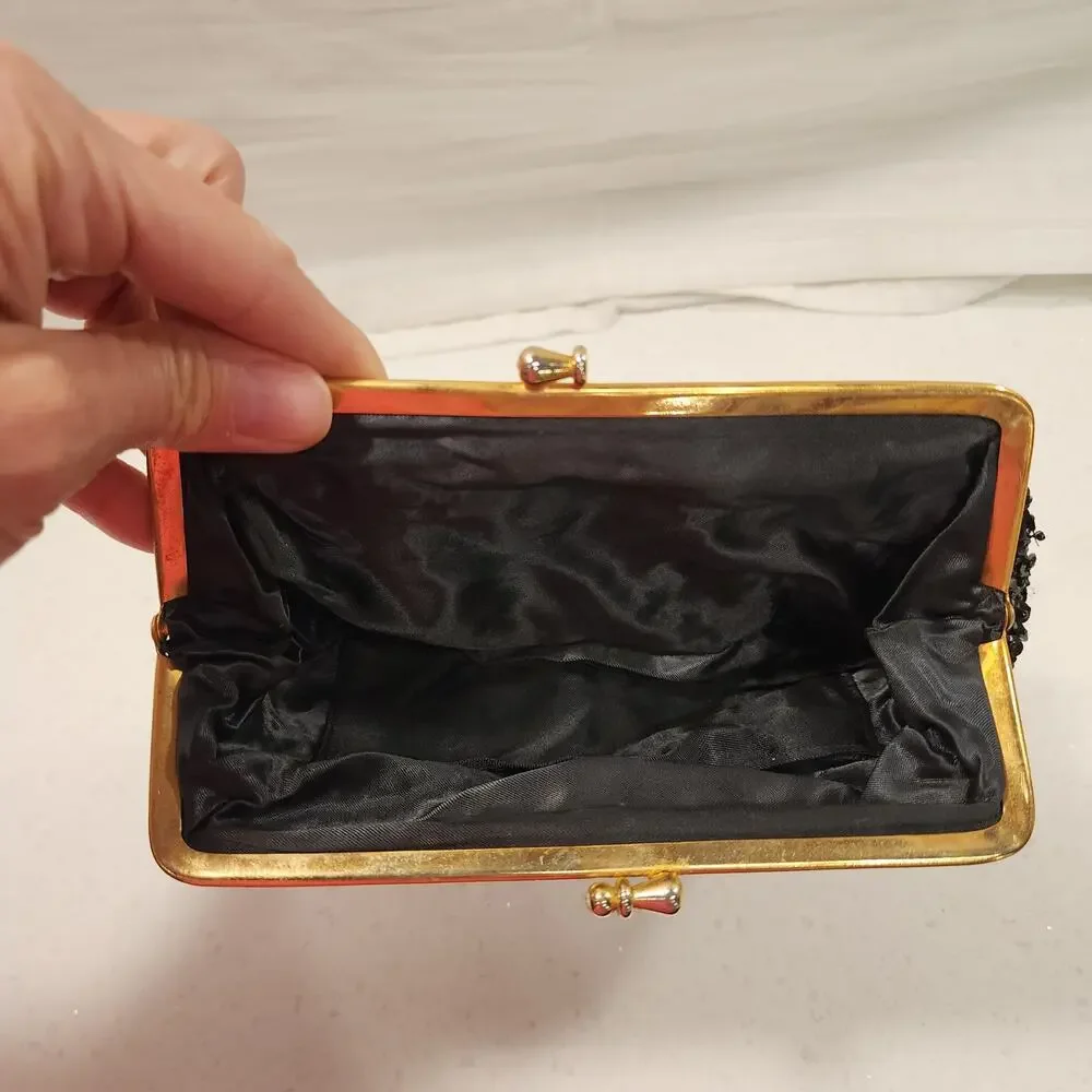 Vintage Black Beaded & Sequin  Gold Trim Small Clutch Purse-party- wedding